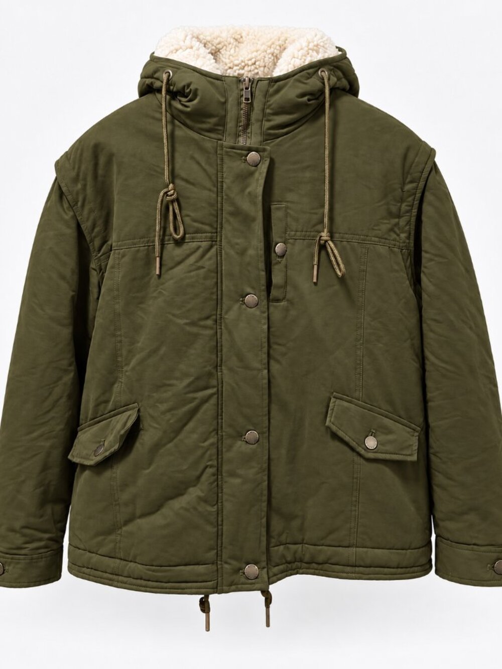 Sherpa Lined Hooded Jacket Womens L Olive Green Utility Fleece Coat Y2K